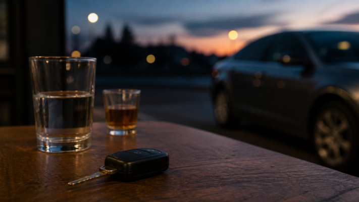 Autoschlüssel liegt neben Getränk und geparktem Auto als Warnmotiv zu Alkohol am Steuer