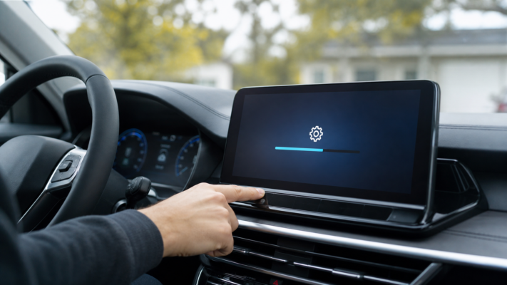 Infotainment-Display mit Update-Symbol als Titelbild zu Auto-Software-Updates
