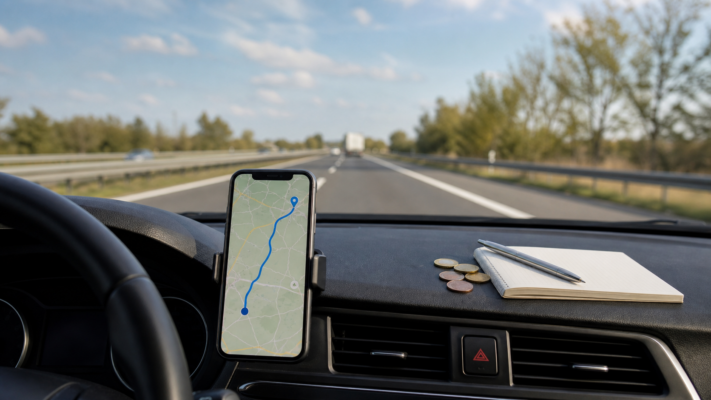 Autobahnfahrt mit Navigationsroute und Muenzen als Titelbild fuer Fahrtkosten Berlin Dresden