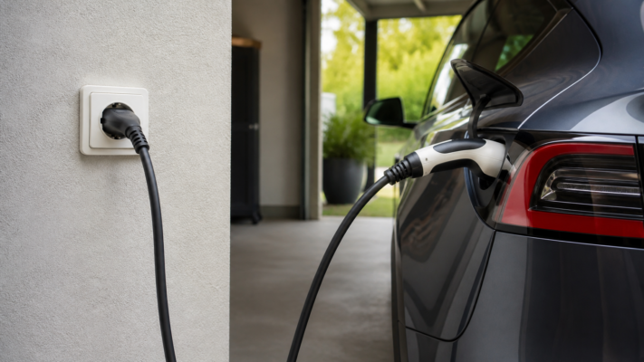 Elektroauto lädt an einer Haushaltssteckdose als Titelbild zur Sicherheit beim Laden