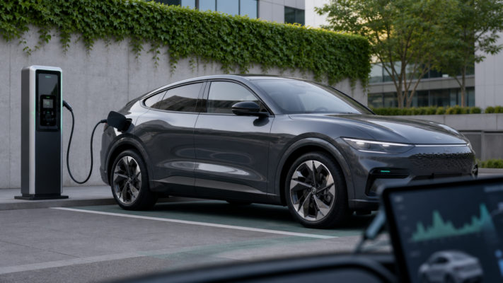 Modernes Elektroauto an einer Ladesaeule als Titelbild zum Stromverbrauch auf 100 Kilometer