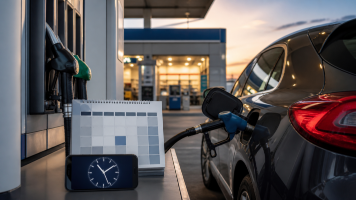 Auto wird an einer Tankstelle betankt mit Kalender und Uhr als Symbol fuer guenstige Tankzeiten
