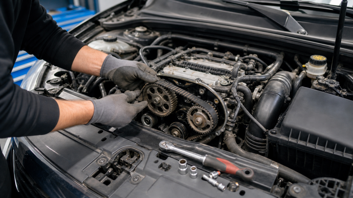 Mechaniker prüft den Zahnriemen im Motorraum eines Autos